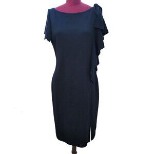 St. John Couture Black Sheath Dress Knit Asymmetrical Ruffle Short Boat Neck12